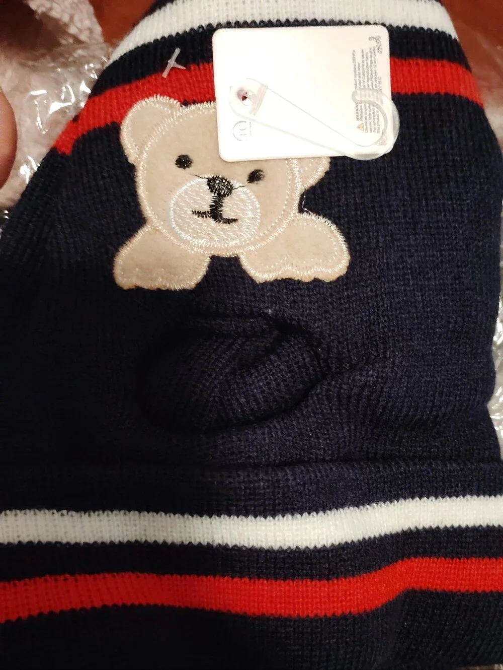 Navy Kids Knit Beanie with Bear Patch and Red-White Stripes